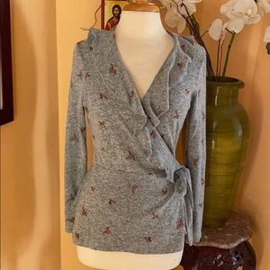 Altar’d State fuzzy gray wrap ruffle sweater sz L